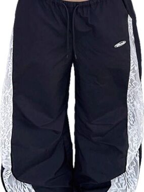 Black Wide Leg Ballon Pants with White Lace Elastic Ankle
